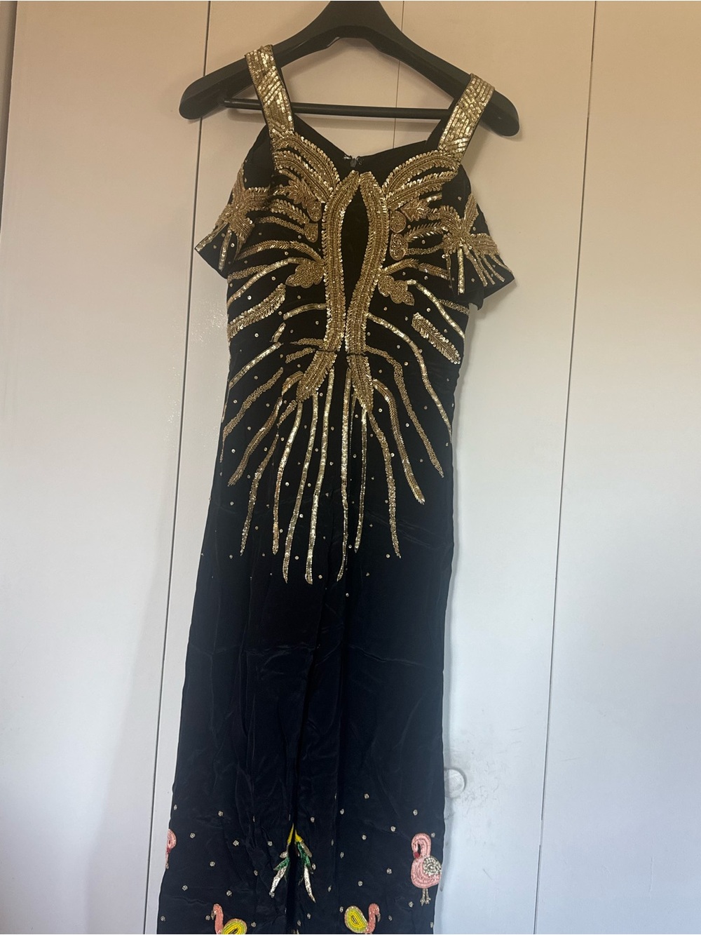 Black & Gold Embellished Cold-Shoulder Evening Dress. Hand-work jump suit.